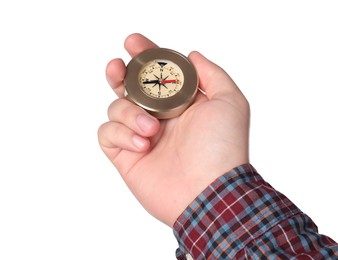 Photo of Man holding compass on white background, closeup