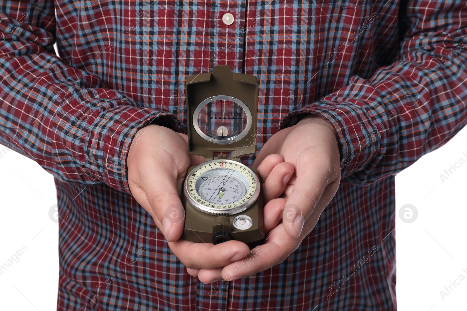 Photo of Man holding compass on white background, closeup