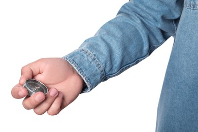 Photo of Man holding compass on white background, closeup