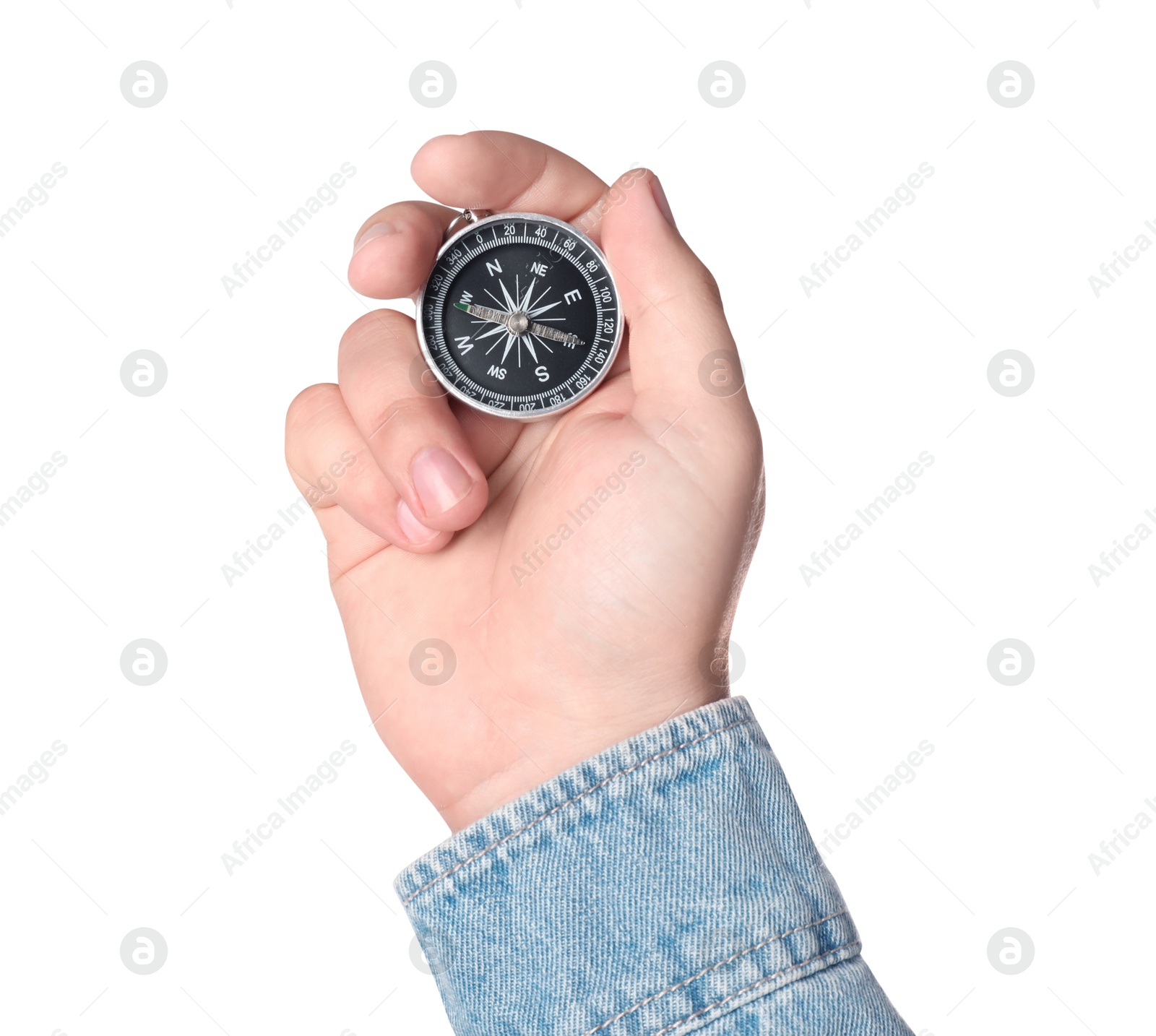 Photo of Man holding compass on white background, closeup