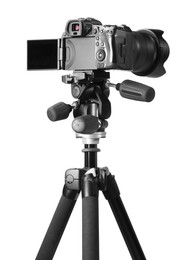 Photo of Modern camera with tripod isolated on white. Photographer's equipment