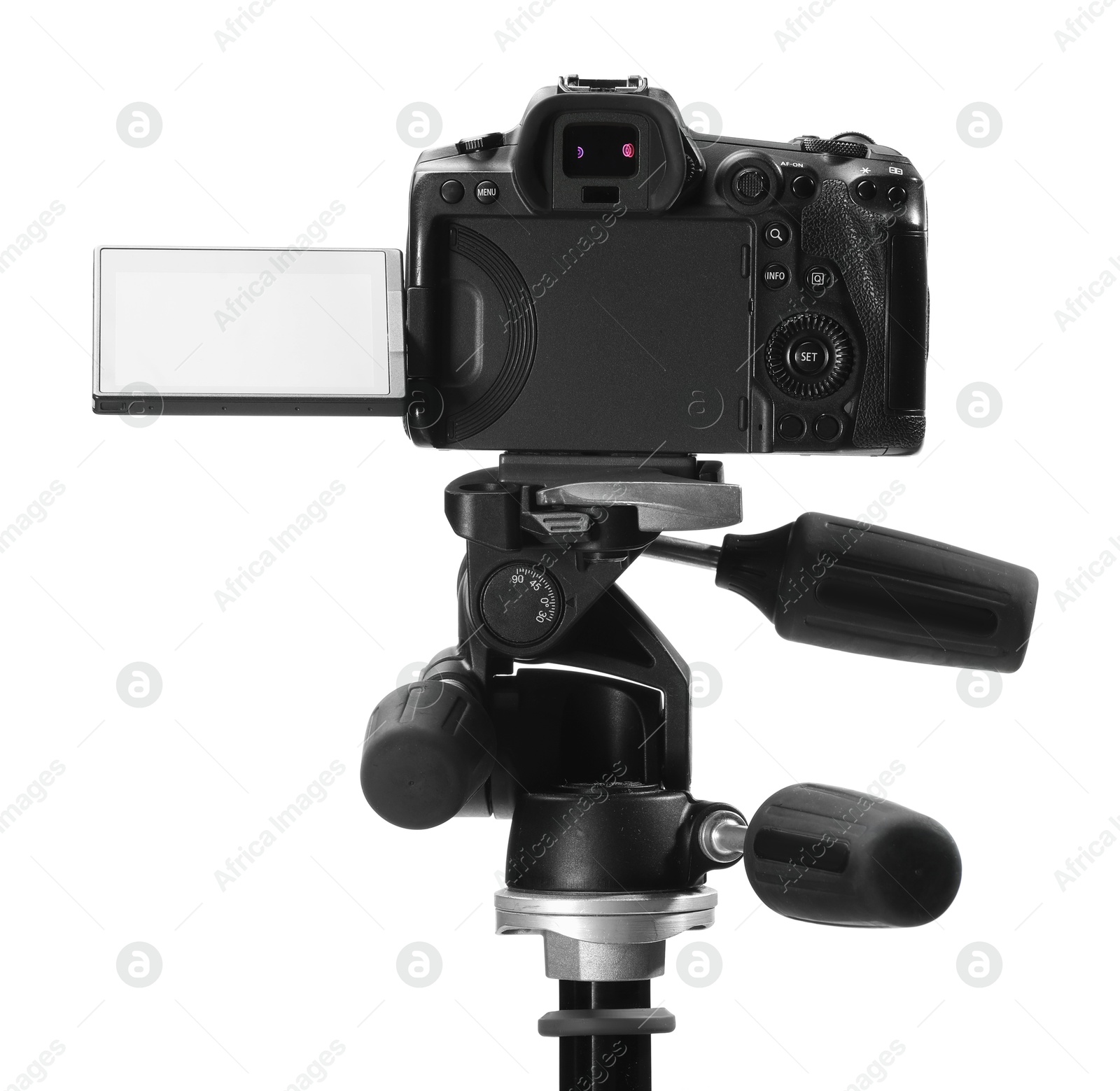 Photo of Modern camera with tripod isolated on white. Photographer's equipment