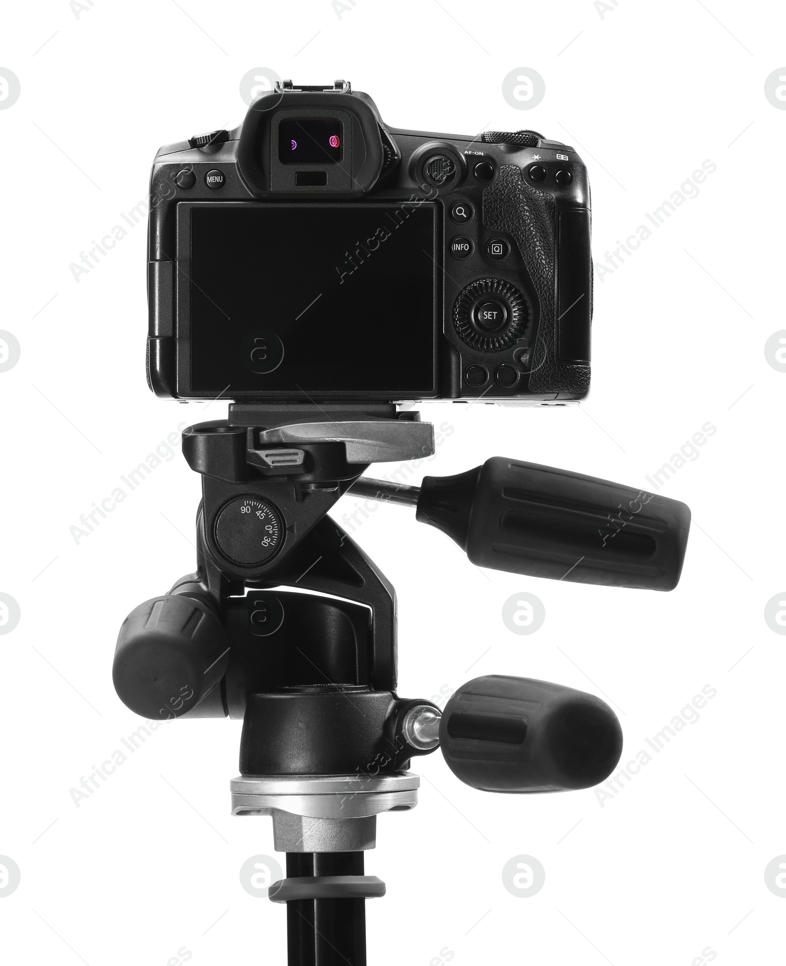 Photo of Modern camera with tripod isolated on white. Photographer's equipment