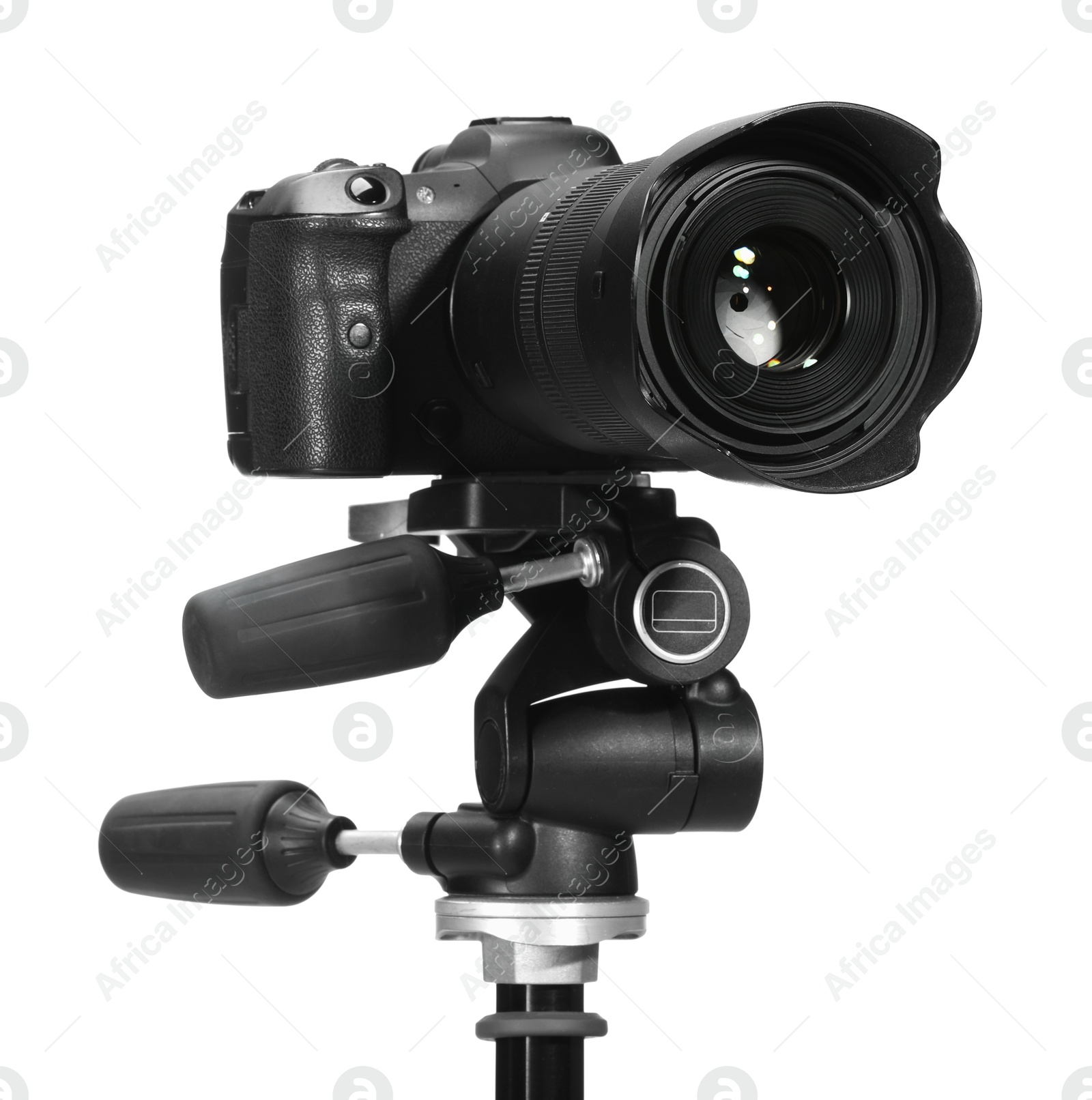 Photo of Modern camera with tripod isolated on white. Photographer's equipment