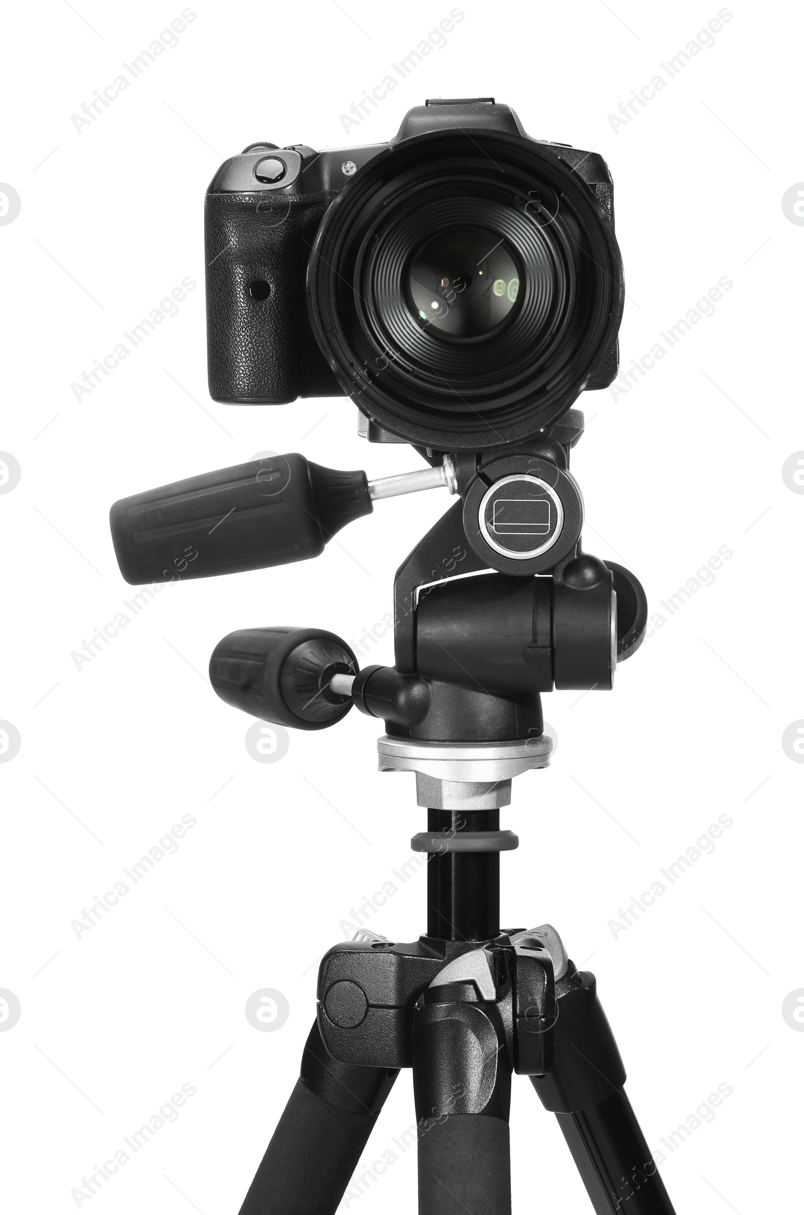 Photo of Modern camera with tripod isolated on white. Photographer's equipment