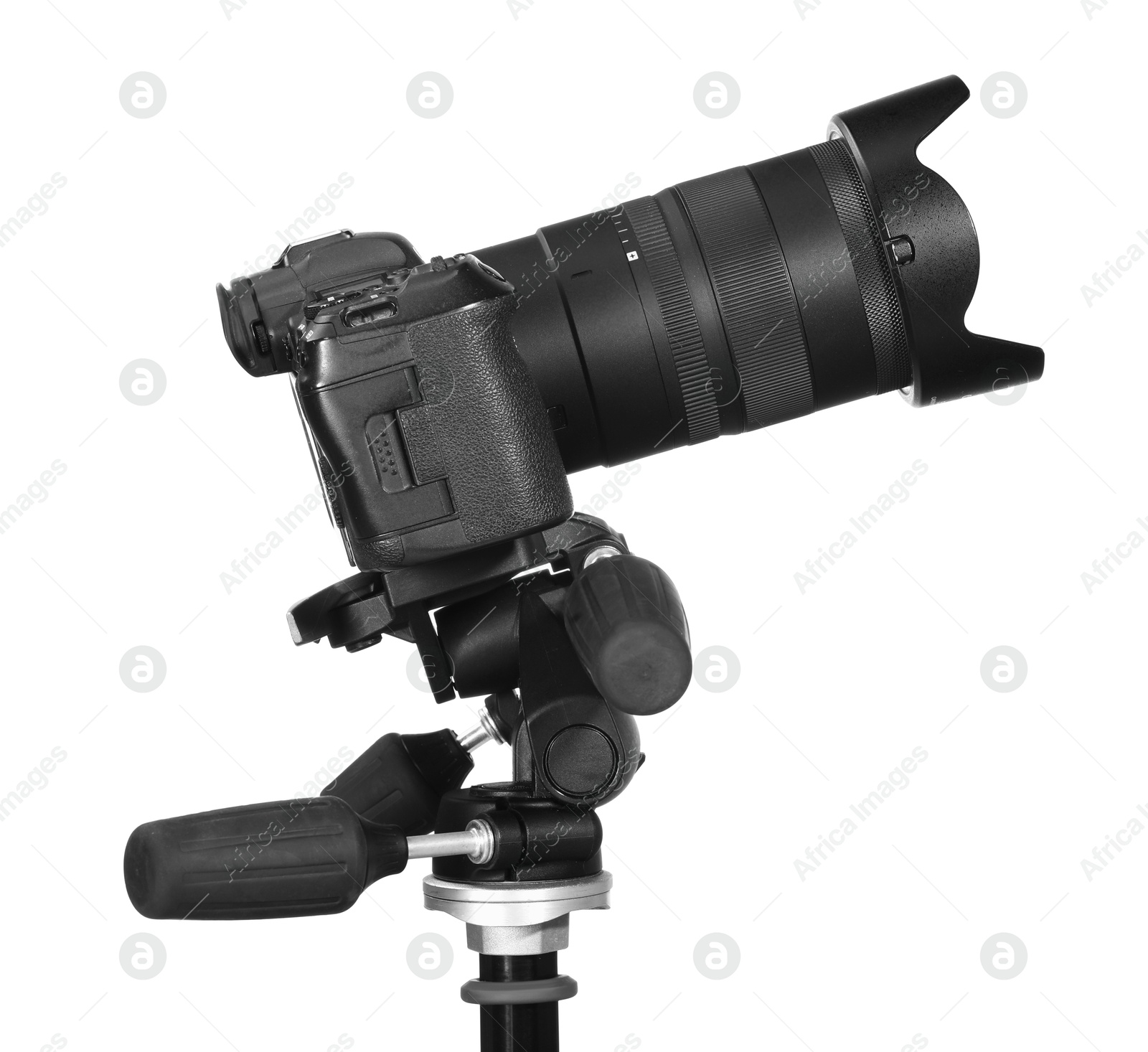 Photo of Modern camera with tripod isolated on white. Photographer's equipment