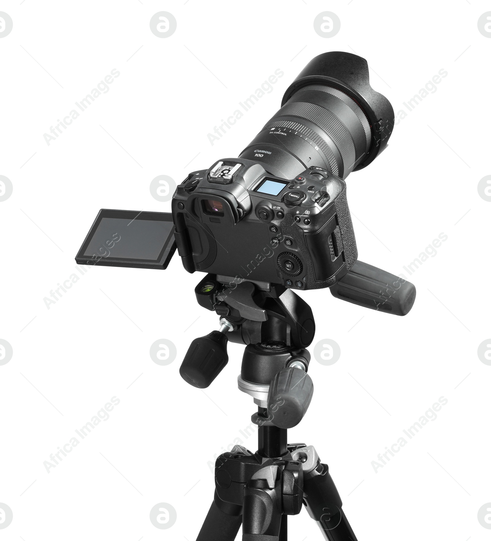 Photo of Modern camera with tripod isolated on white. Photographer's equipment