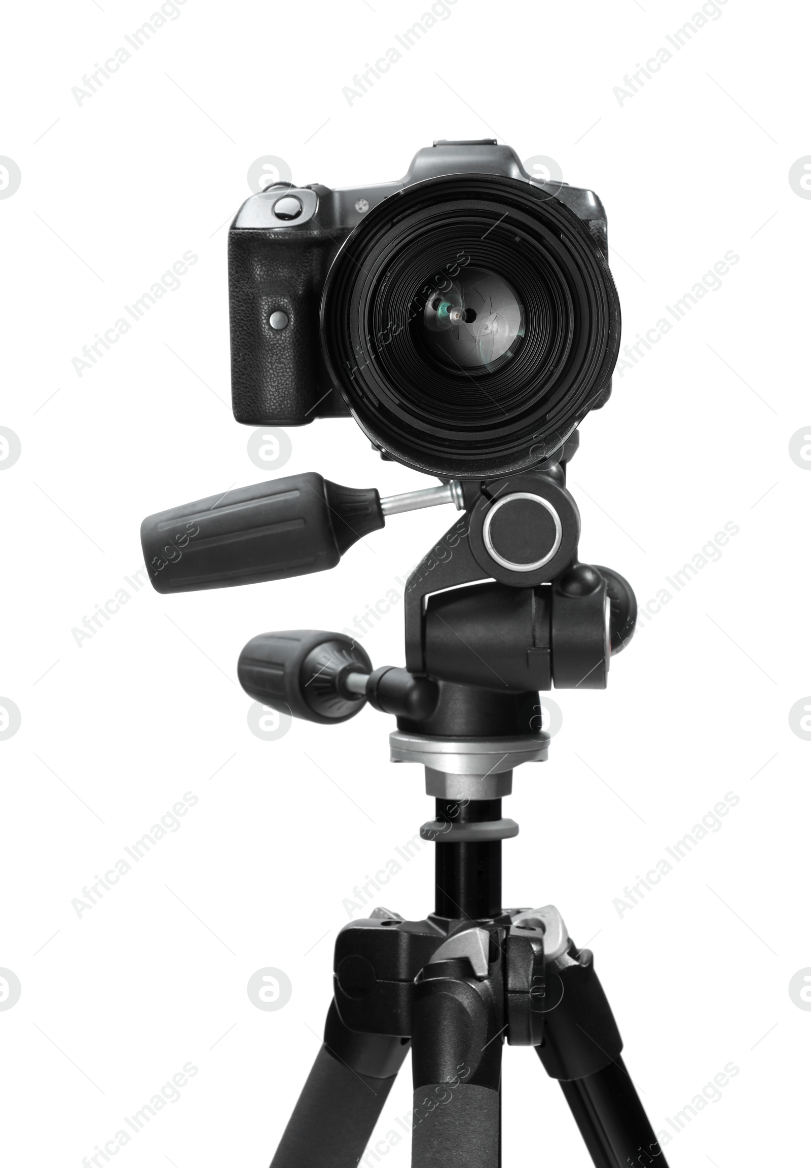 Photo of Modern camera with tripod isolated on white. Photographer's equipment