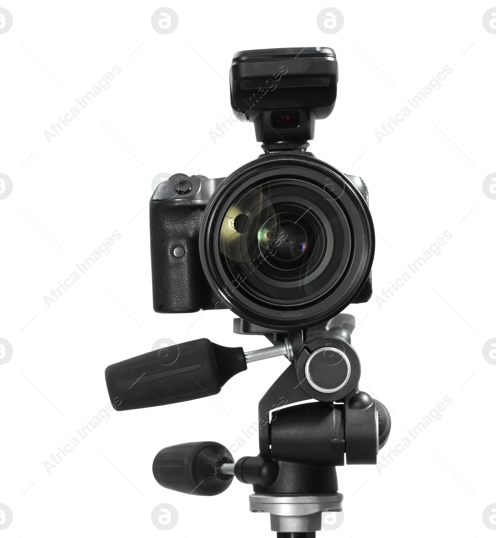 Photo of Modern camera with tripod isolated on white. Photographer's equipment