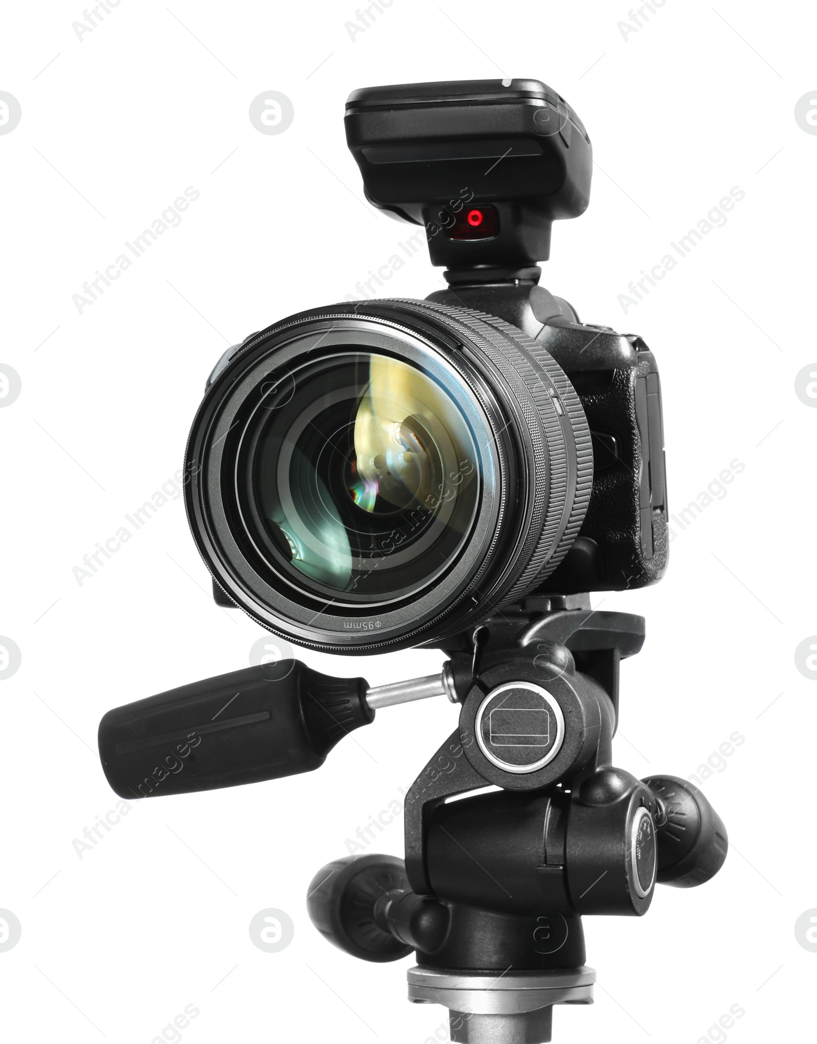 Photo of Modern camera with tripod isolated on white. Photographer's equipment