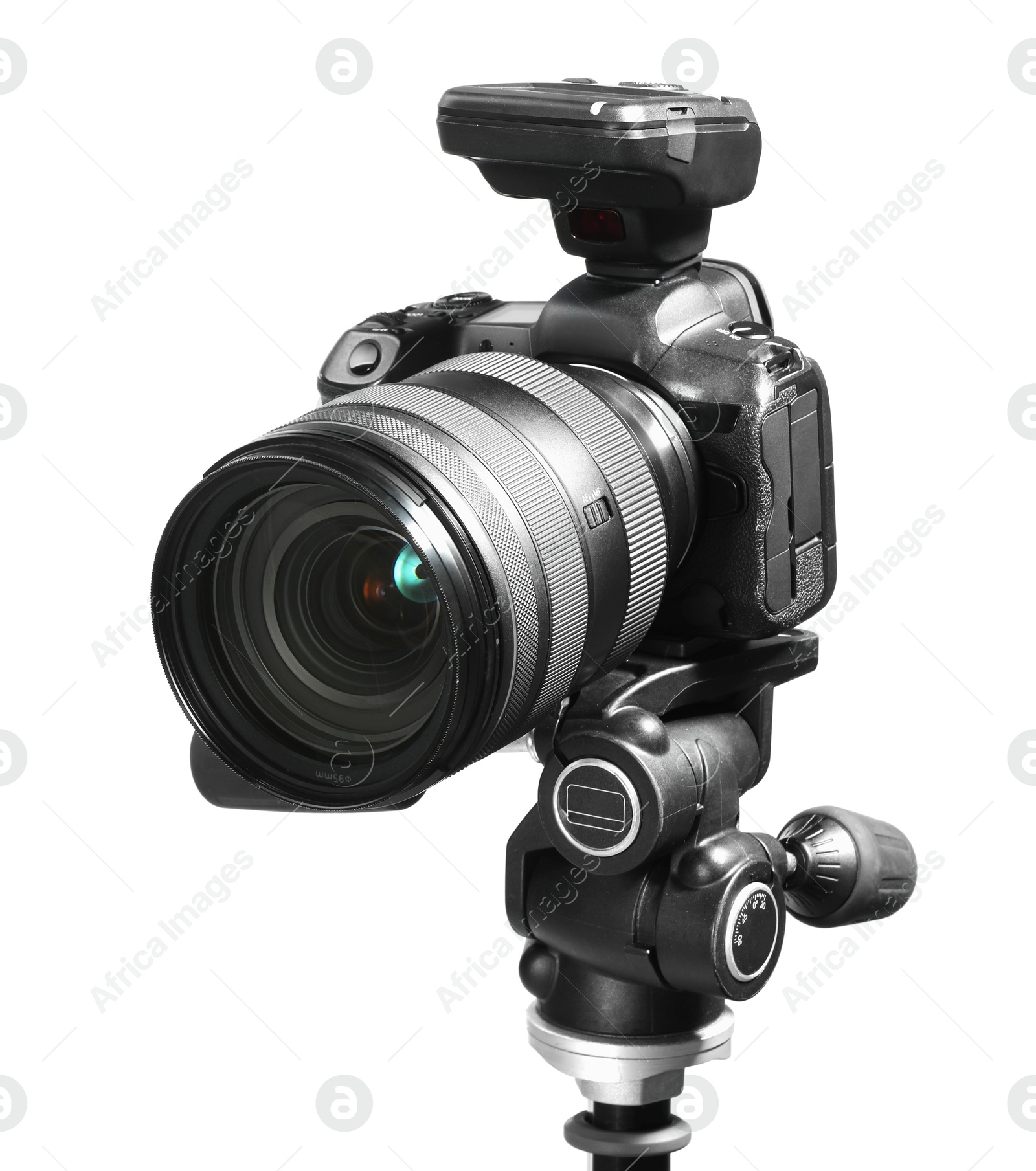 Photo of Modern camera with tripod isolated on white. Photographer's equipment