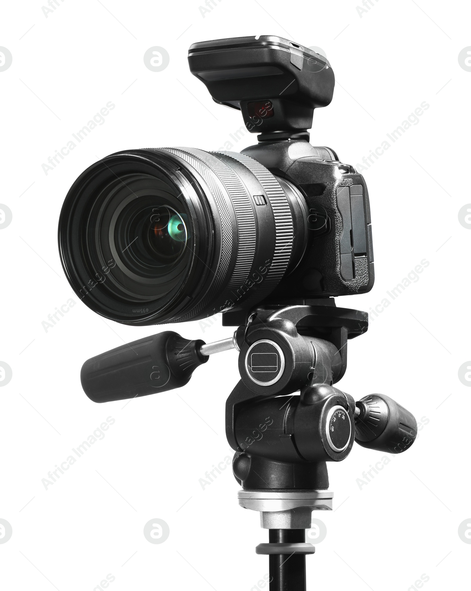 Photo of Modern camera with tripod isolated on white. Photographer's equipment