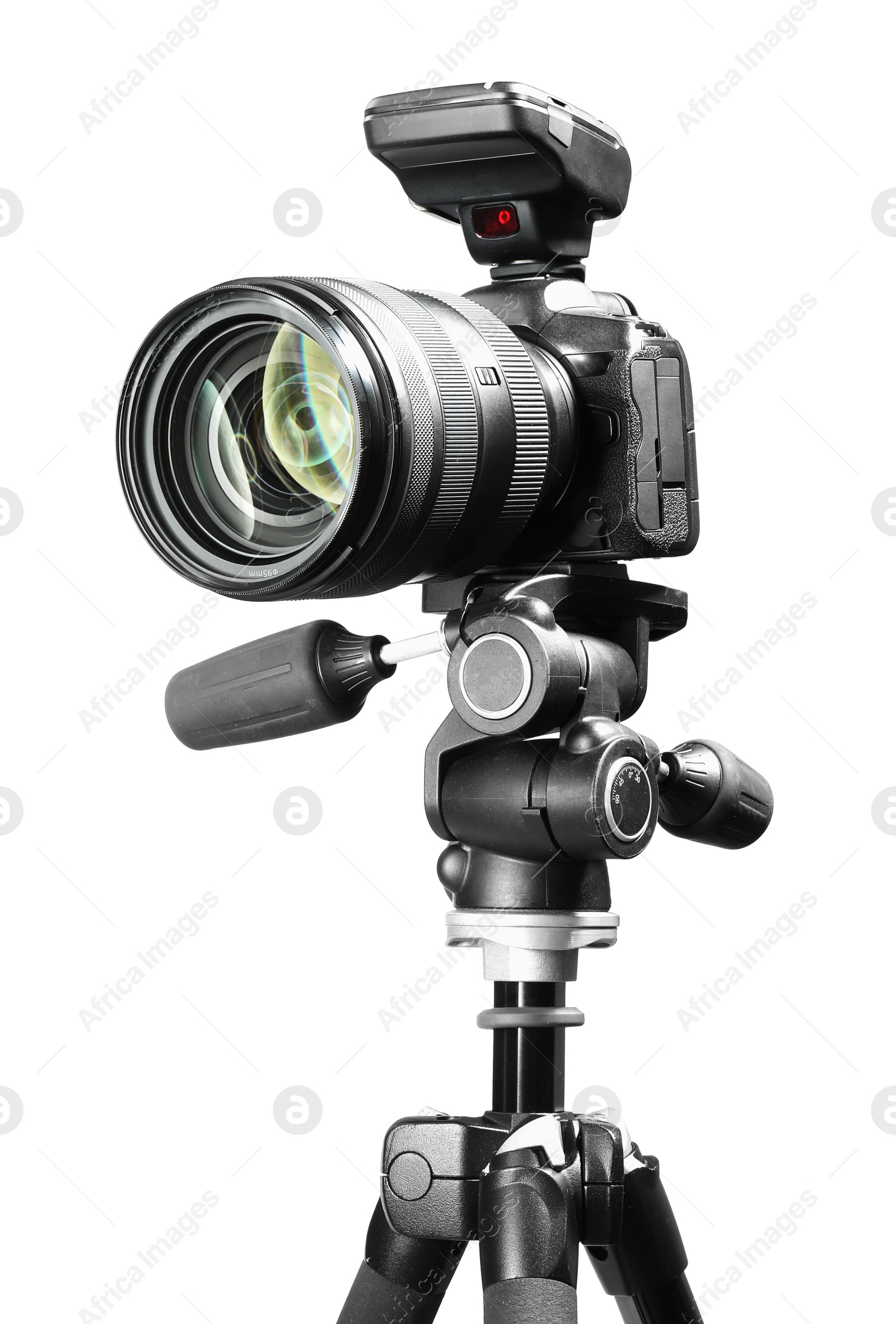 Photo of Modern camera with tripod isolated on white. Photographer's equipment