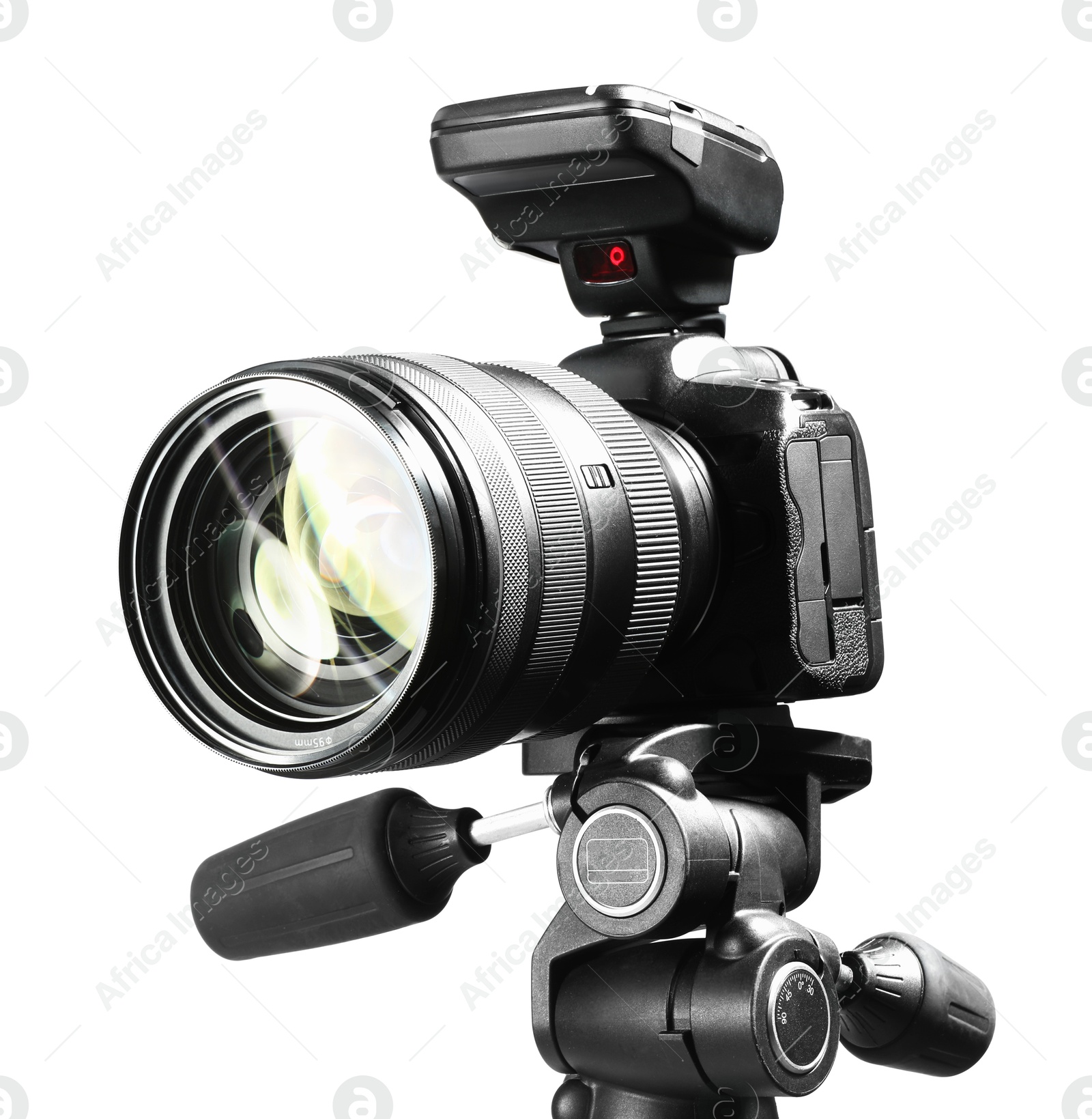 Photo of Modern camera with tripod isolated on white. Photographer's equipment