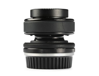 Camera lens on white background. Photographer's equipment