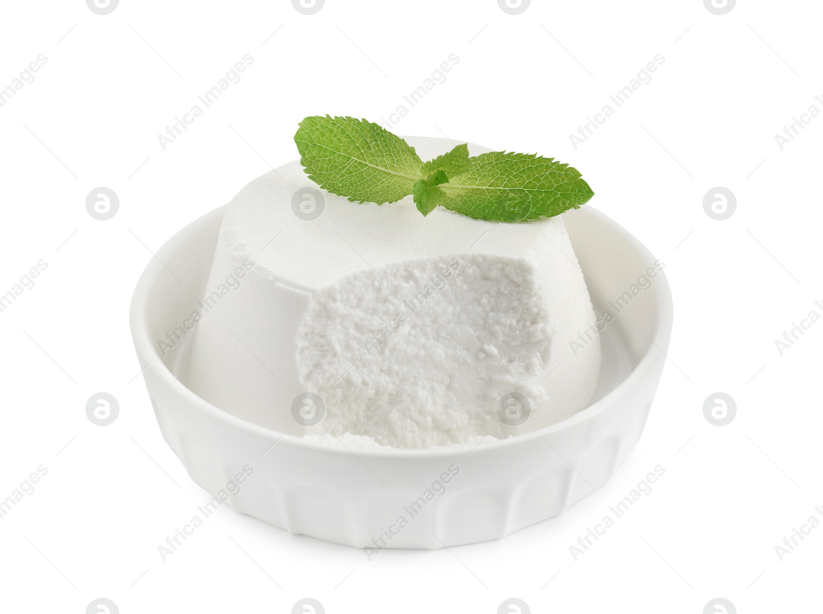 Photo of Delicious ricotta cheese and mint in bowl isolated on white