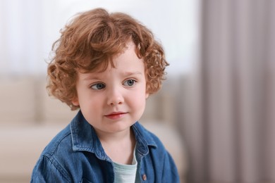 Portrait of little boy indoors, space for text. Cute child