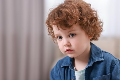 Portrait of little boy indoors, space for text. Cute child