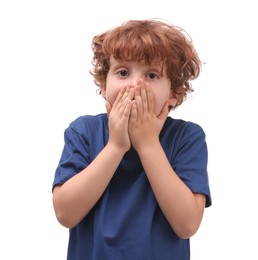 Photo of Portrait of emotional little boy on white background