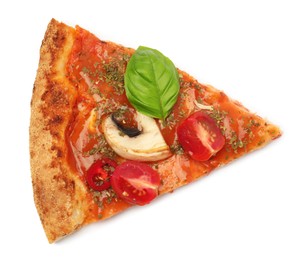 Photo of Piece of tasty pizza with basil, mushroom, chili pepper and tomato isolated on white, top view