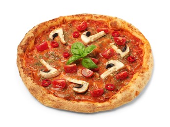 Photo of Tasty pizza with basil, mushrooms, chili pepper and tomato isolated on white