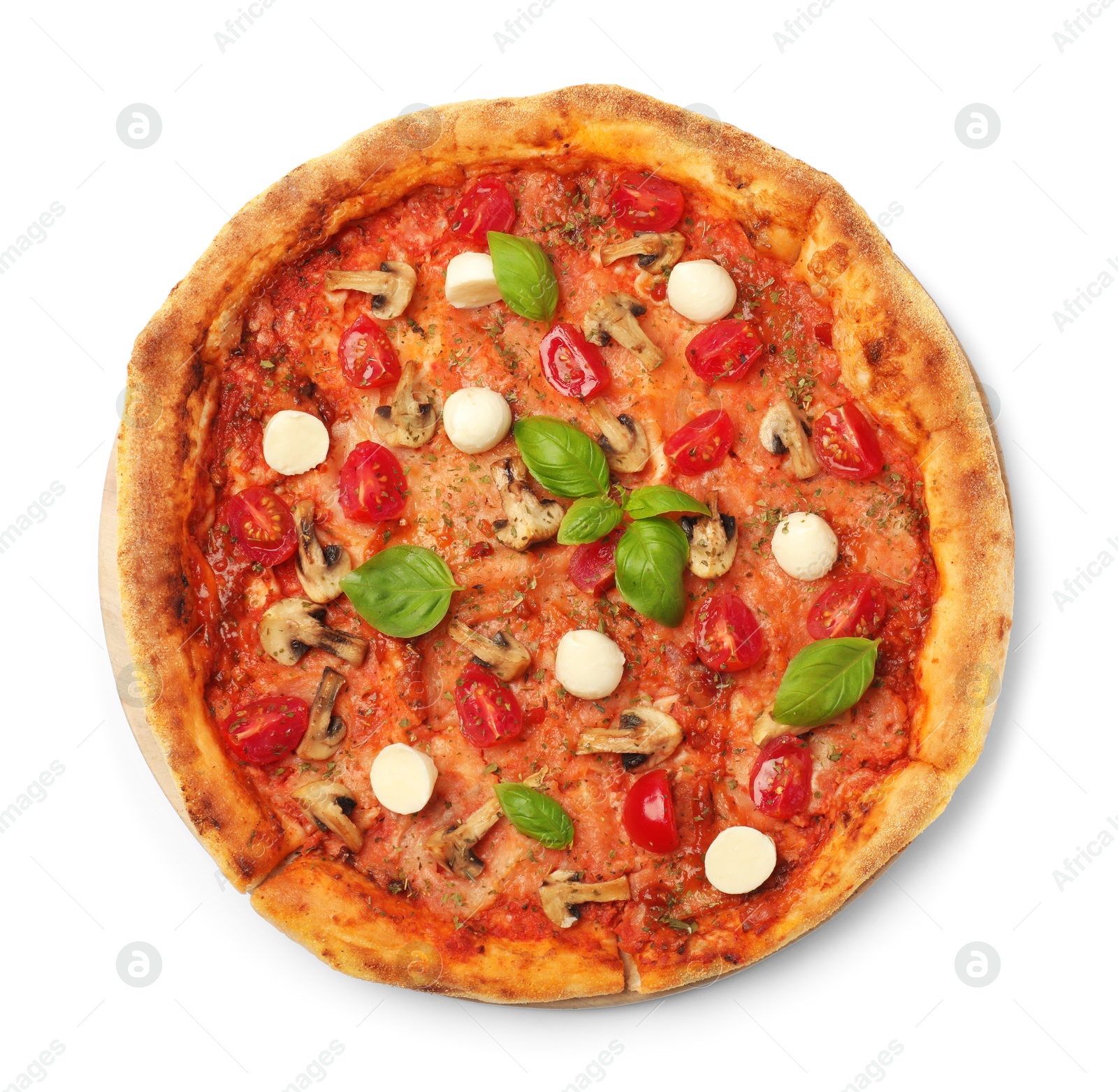 Photo of Tasty pizza with basil, mushrooms, mozzarella and tomato isolated on white, top view