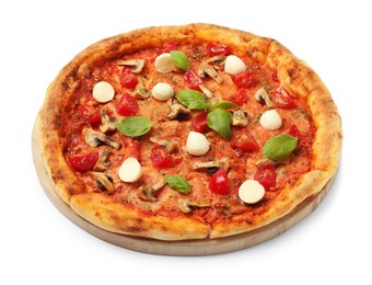 Photo of Tasty pizza with basil, mushrooms, mozzarella and tomato isolated on white