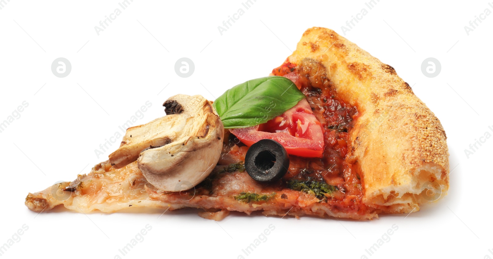 Photo of Piece of tasty pizza with basil, mushroom, olive and tomato isolated on white