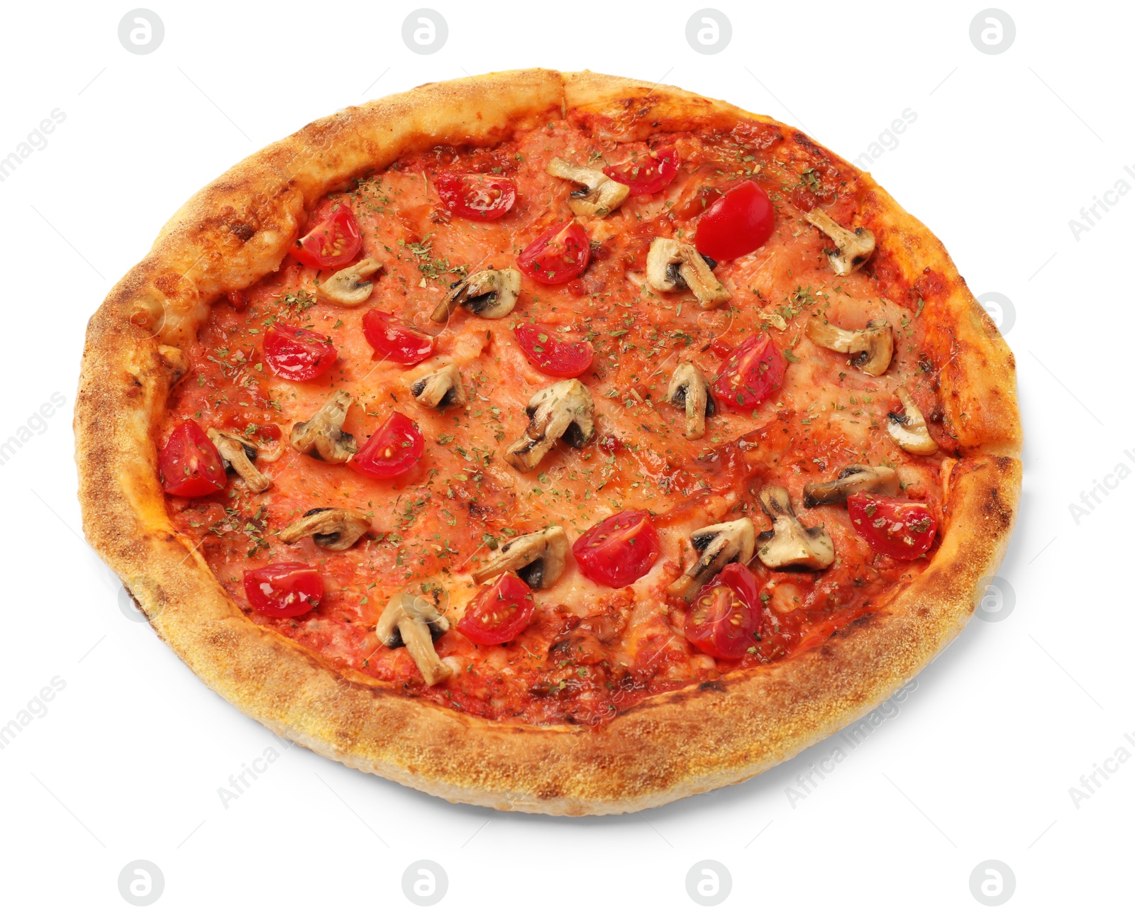 Photo of Tasty pizza with mushrooms, herbs and tomato isolated on white