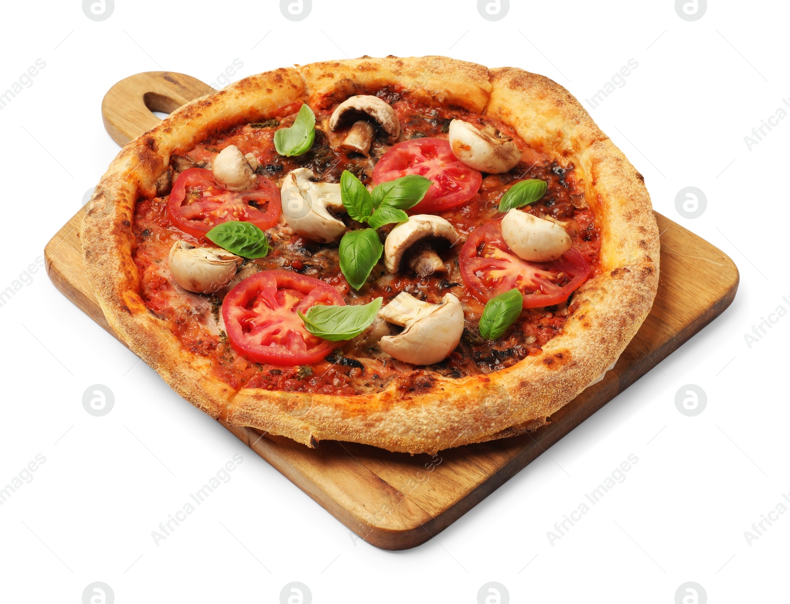 Photo of Tasty pizza with basil, mushrooms and tomato isolated on white