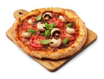 Photo of Tasty pizza with basil, mushrooms and tomato isolated on white