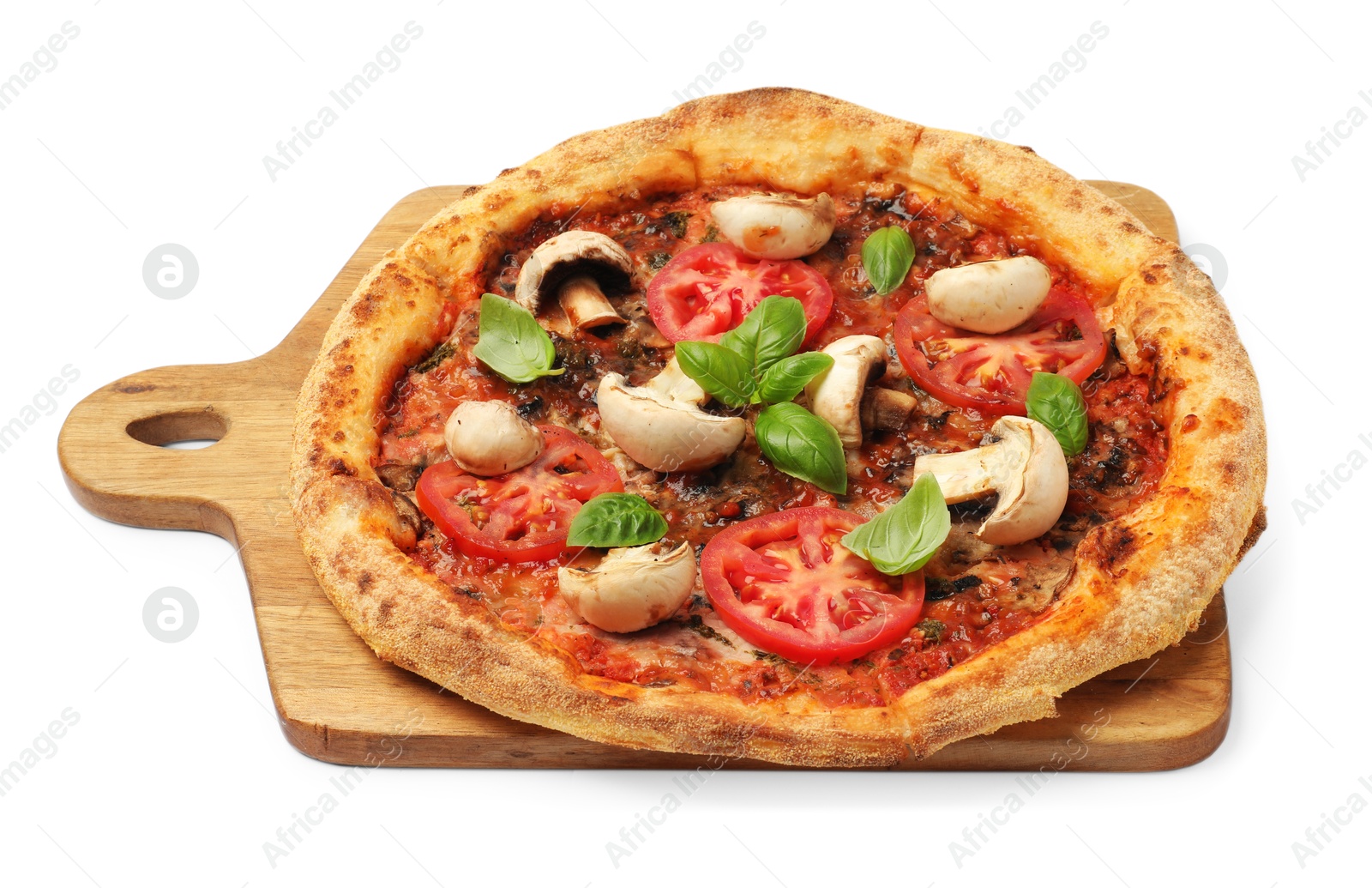 Photo of Tasty pizza with basil, mushrooms and tomato isolated on white