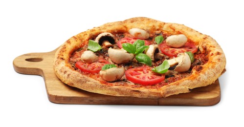 Tasty pizza with basil, mushrooms and tomato isolated on white