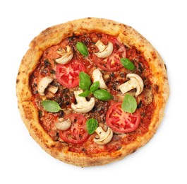 Photo of Tasty pizza with basil, mushrooms and tomato isolated on white, top view