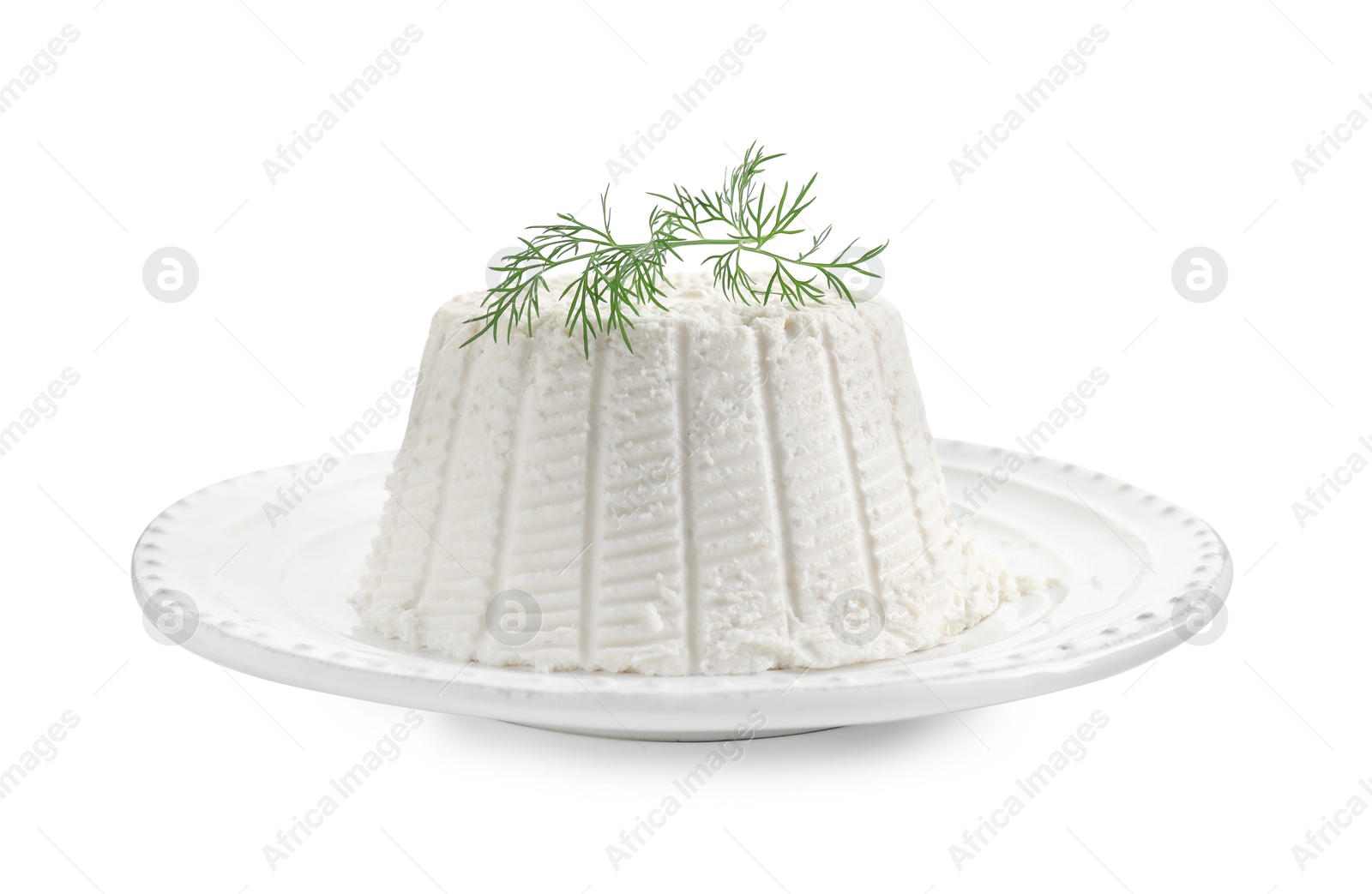 Photo of Fresh ricotta (cream cheese) and dill isolated on white