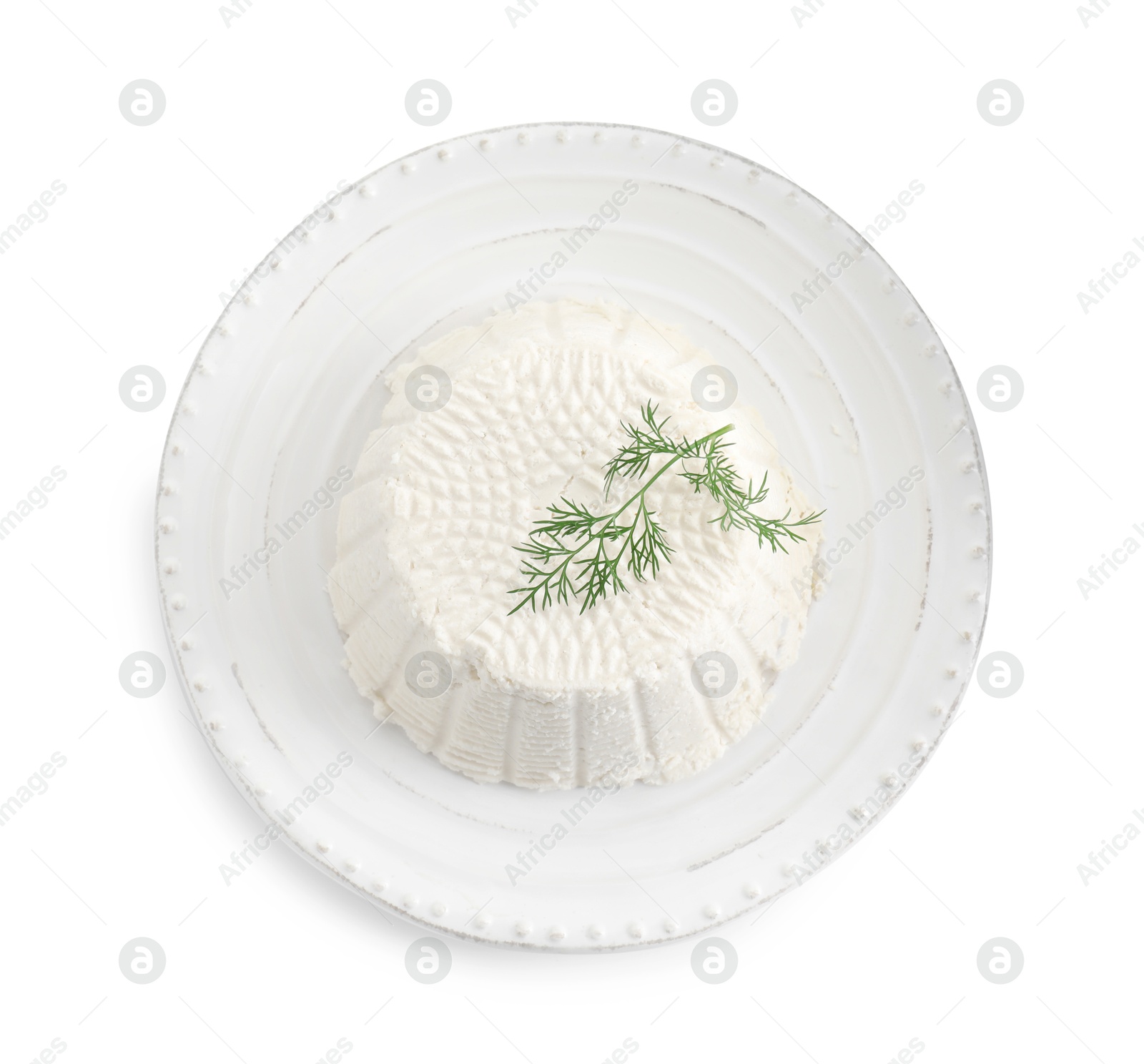 Photo of Fresh ricotta (cream cheese) and dill isolated on white, top view