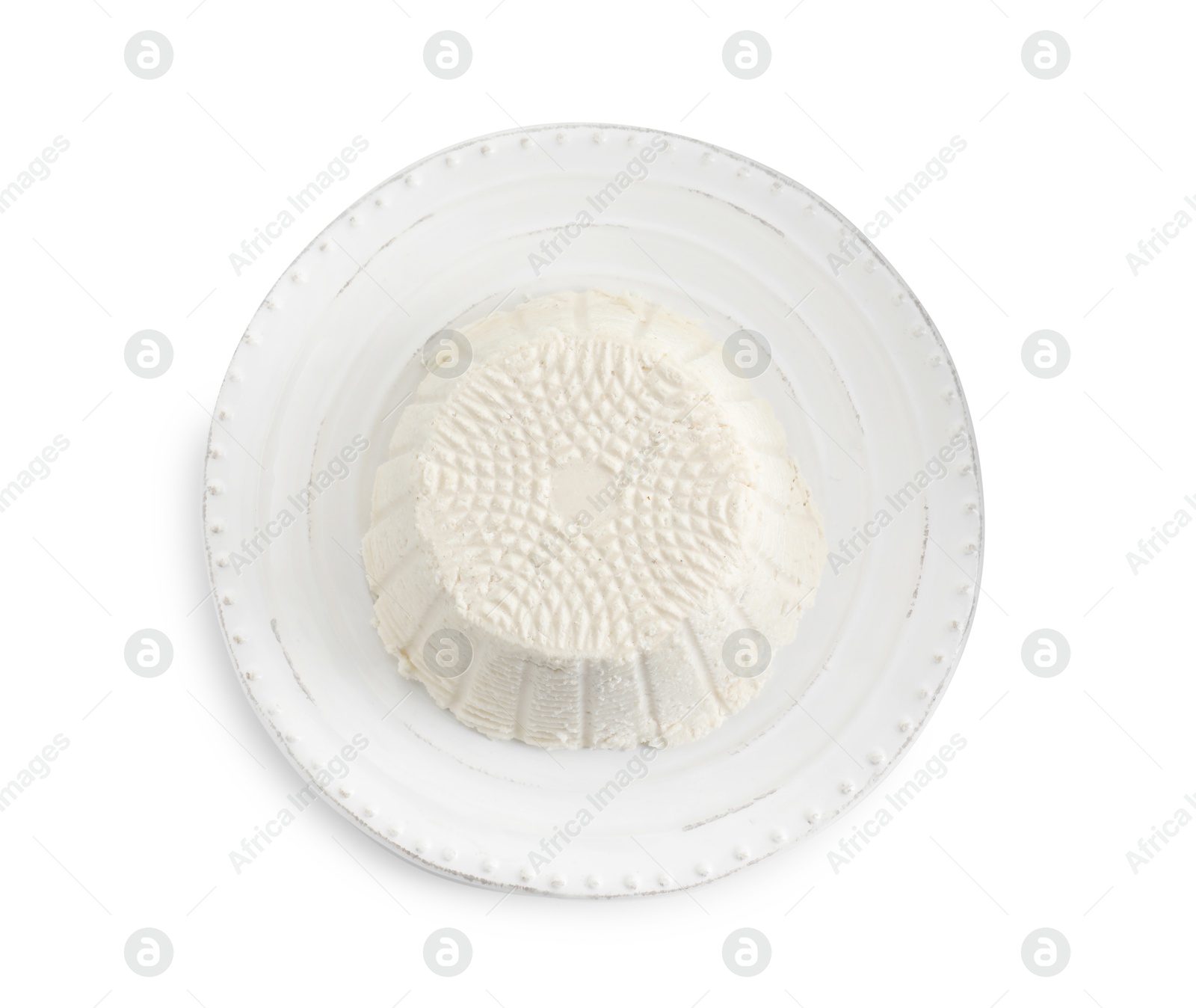 Photo of Fresh ricotta (cream cheese) isolated on white, top view