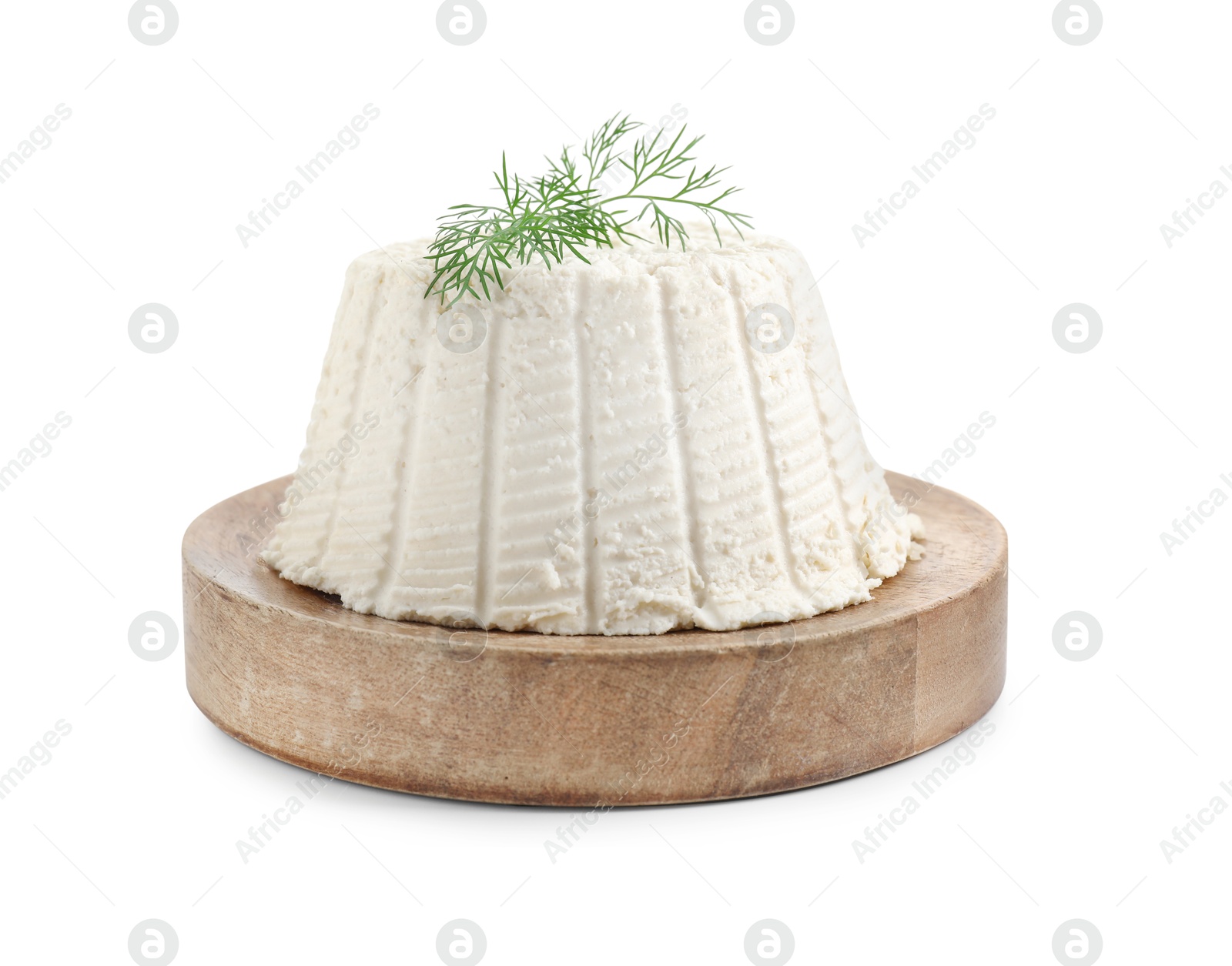 Photo of Fresh ricotta (cream cheese) with dill isolated on white