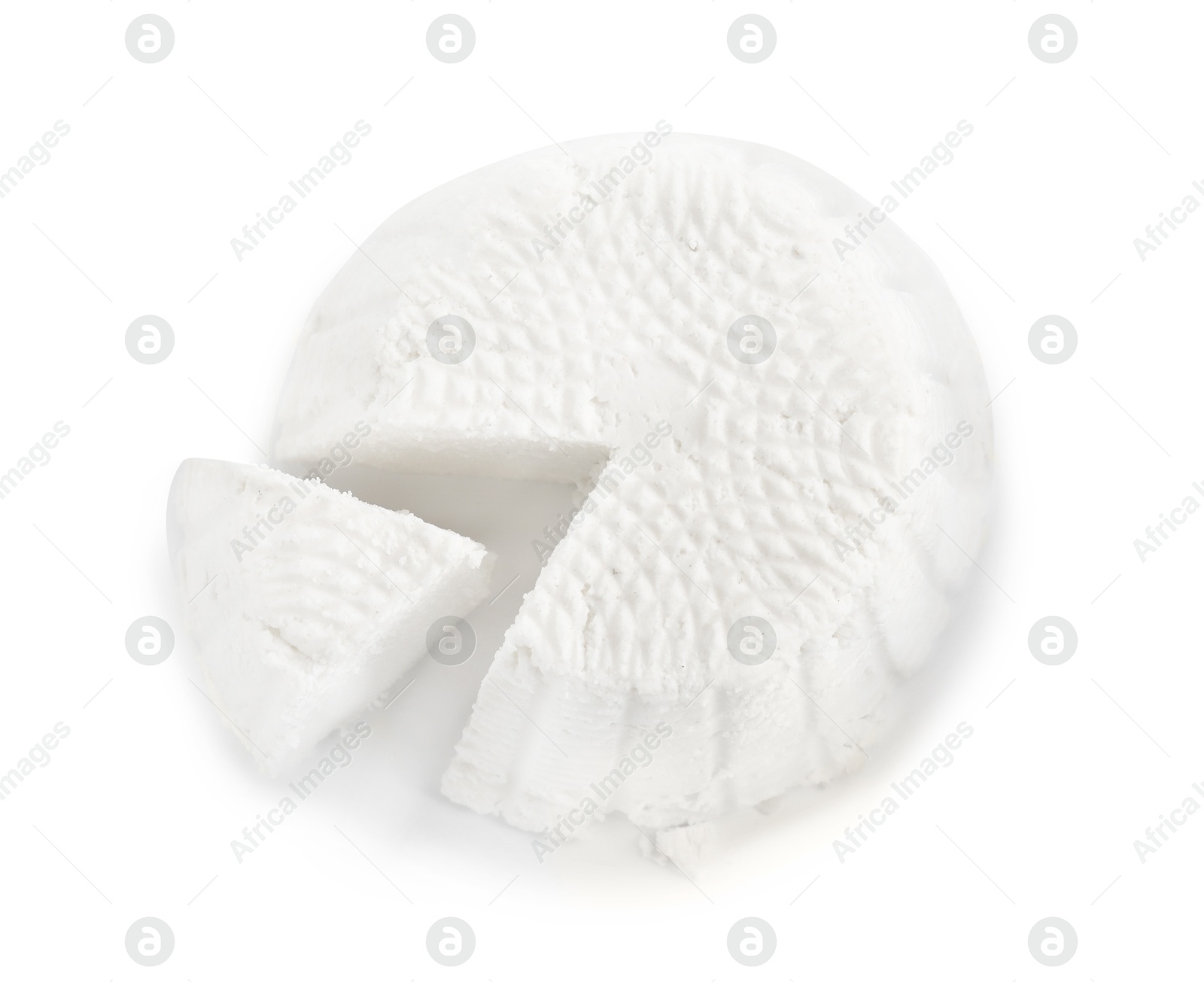 Photo of Fresh cut ricotta (cream cheese) isolated on white, top view