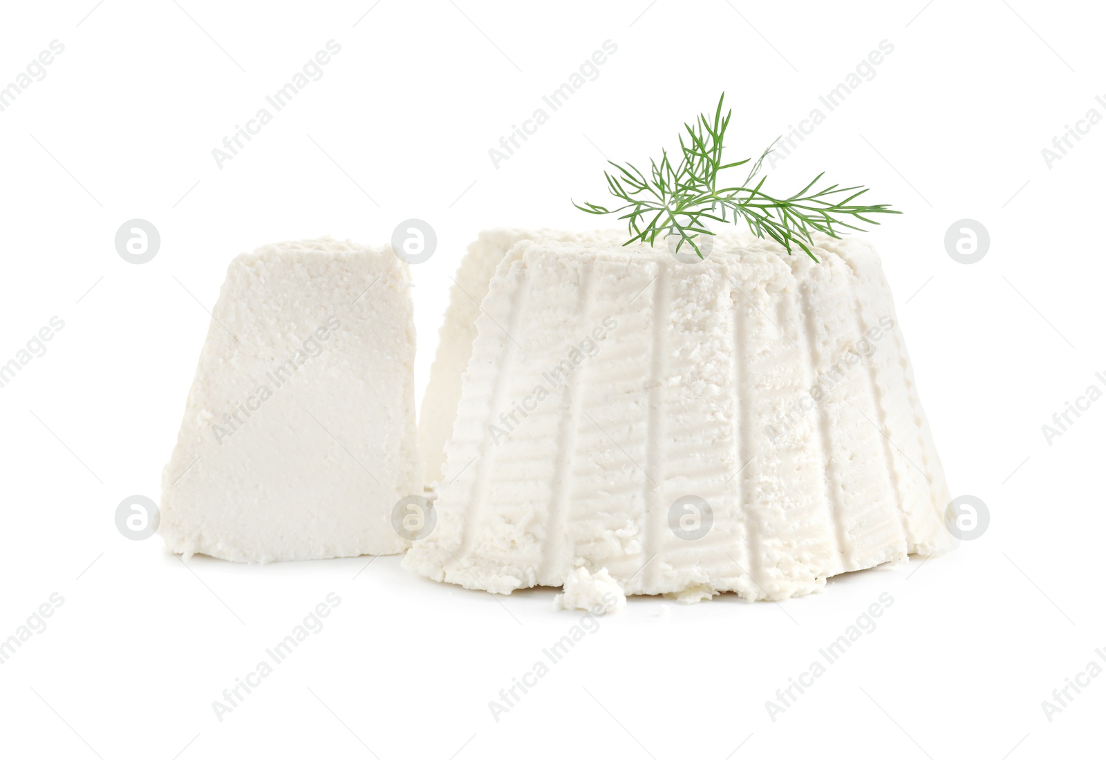 Photo of Fresh cut ricotta (cream cheese) with dill isolated on white