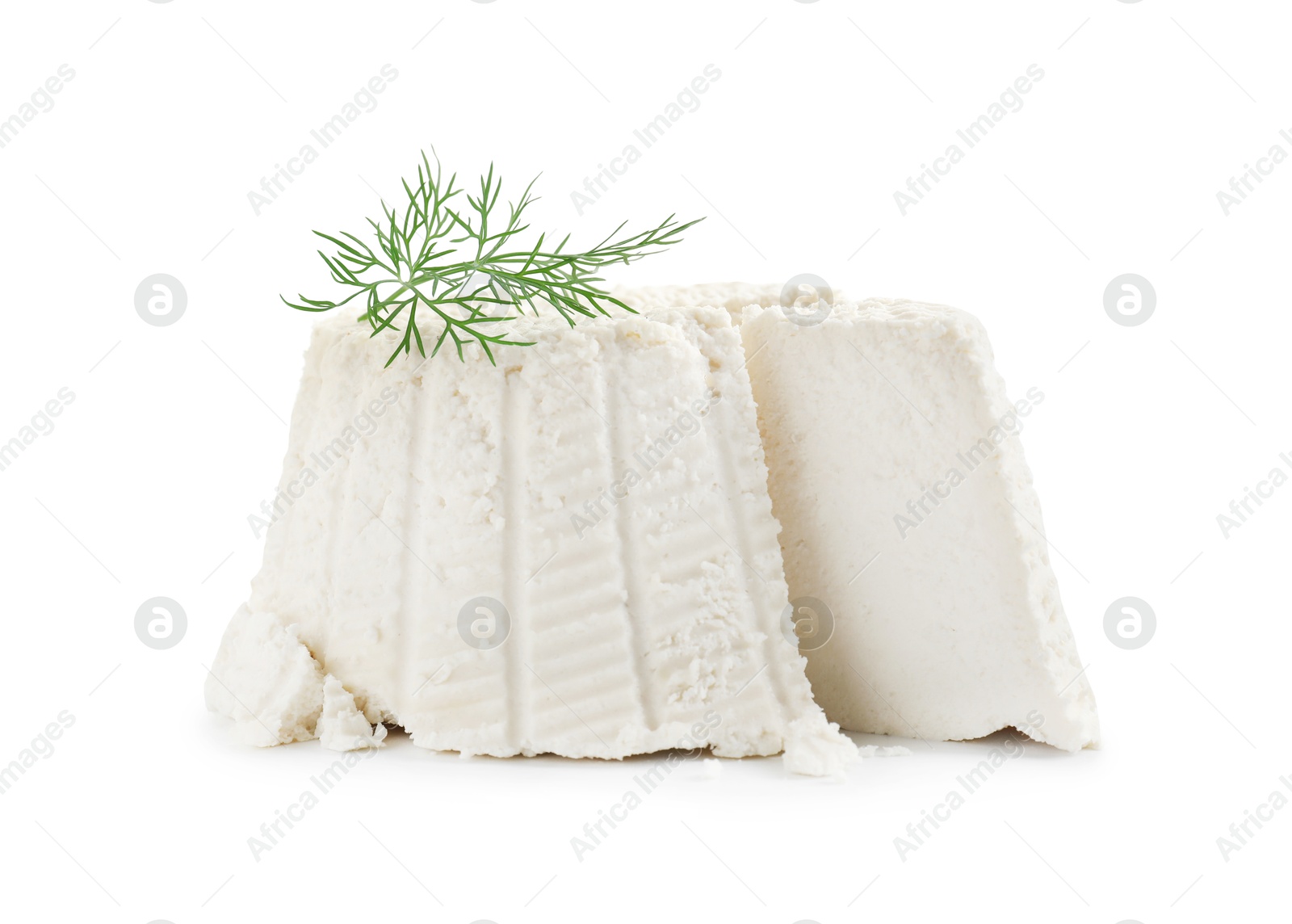 Photo of Fresh cut ricotta (cream cheese) with dill isolated on white