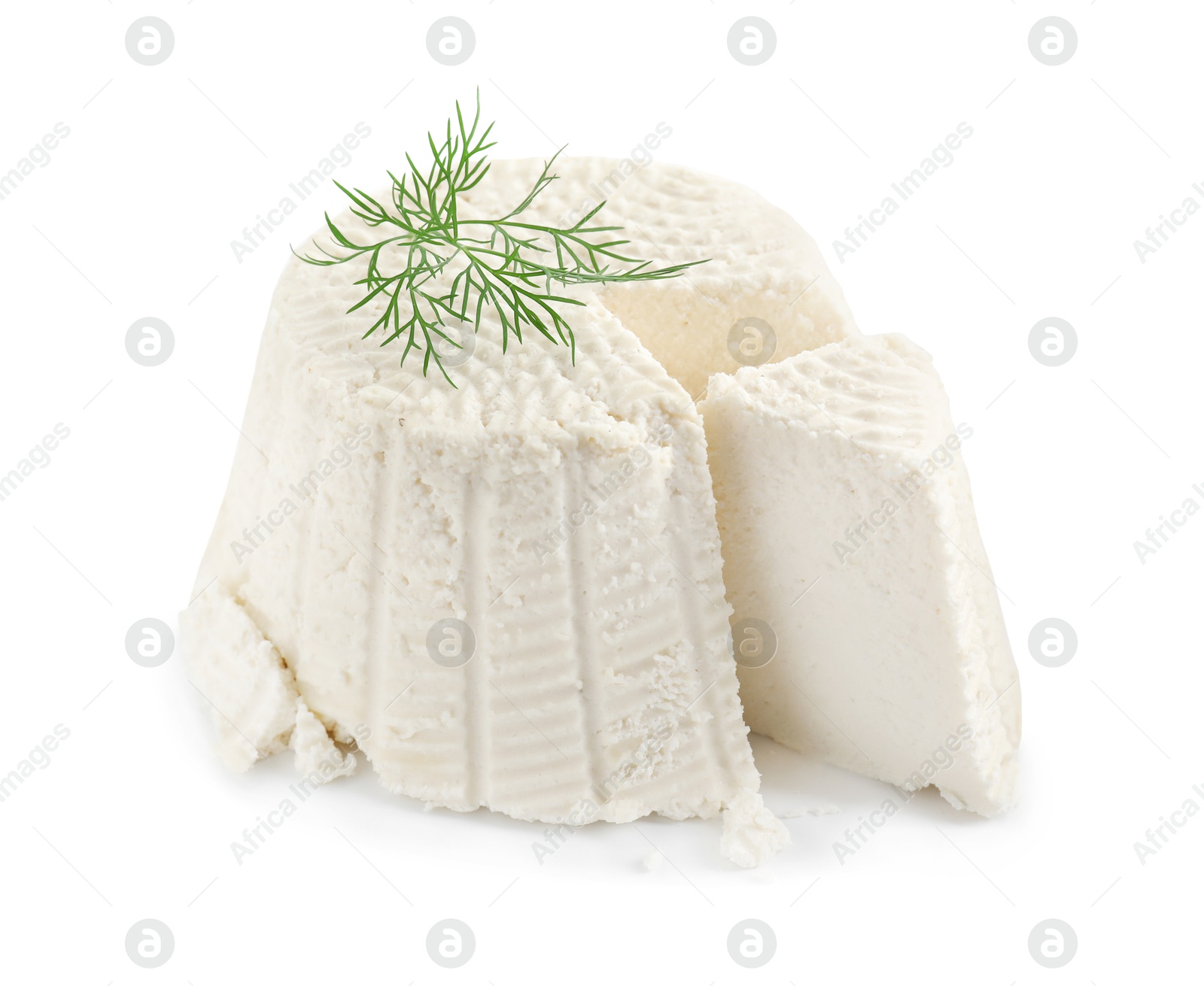 Photo of Fresh cut ricotta (cream cheese) with dill isolated on white