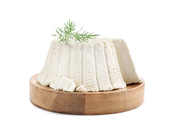 Fresh cut ricotta (cream cheese) with dill isolated on white