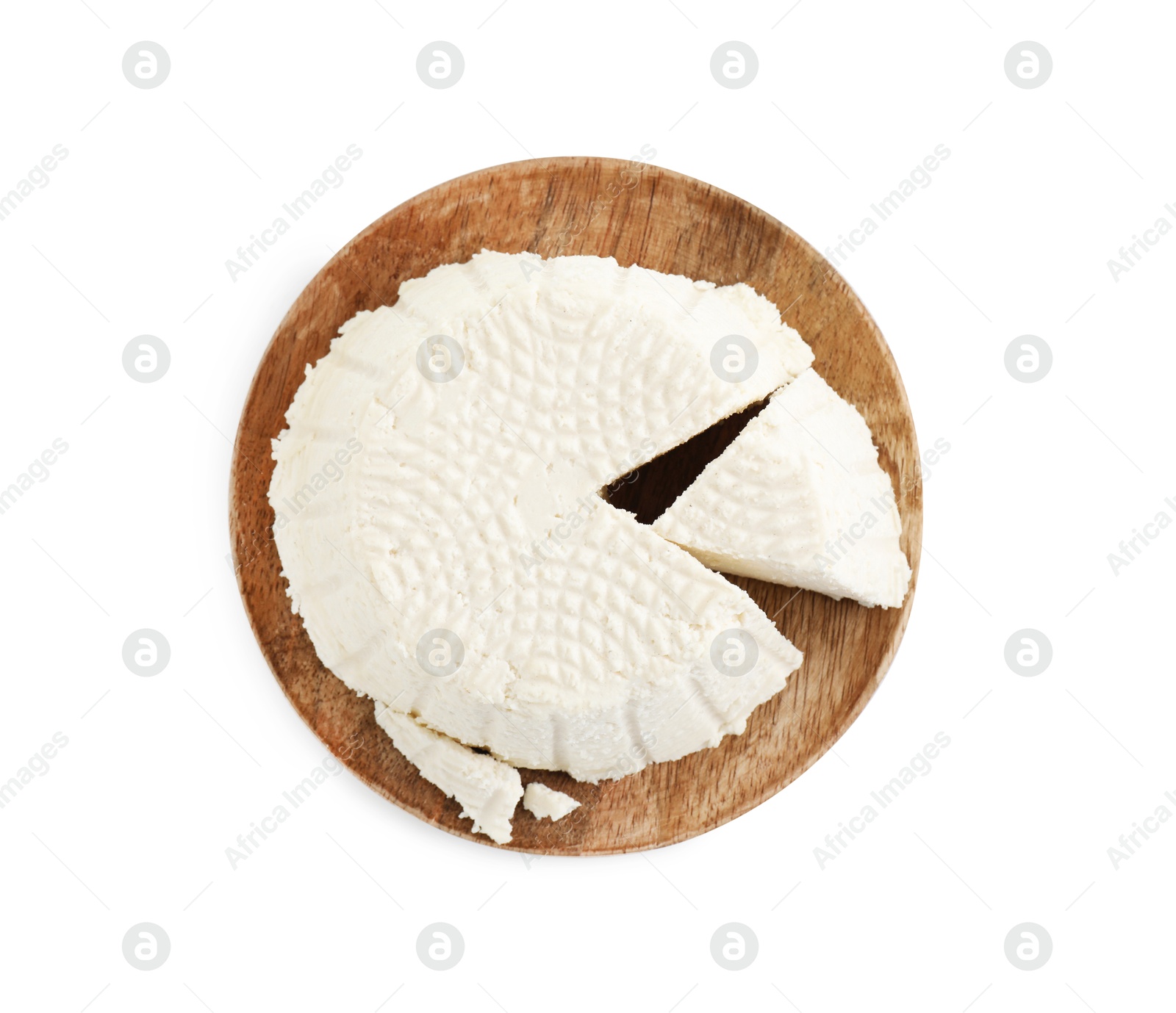 Photo of Fresh cut ricotta (cream cheese) isolated on white, top view