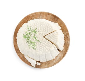 Photo of Fresh cut ricotta (cream cheese) and dill isolated on white, top view