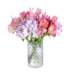 Photo of Beautiful alstroemeria flowers in vase isolated on white