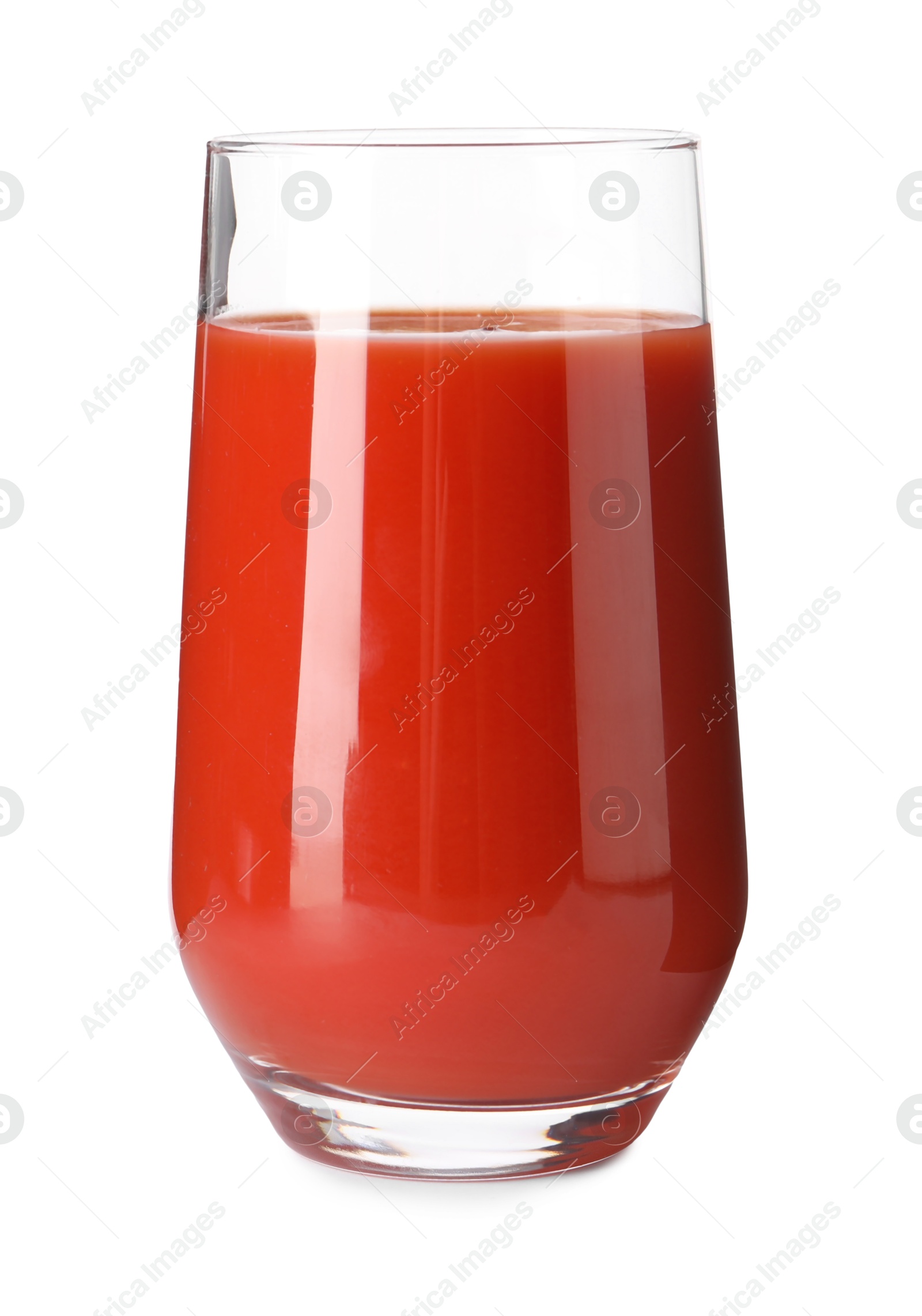 Photo of Tasty tomato juice in glass isolated on white