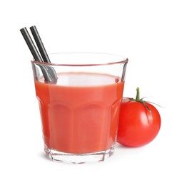 Tasty tomato juice in glass and fresh vegetable isolated on white