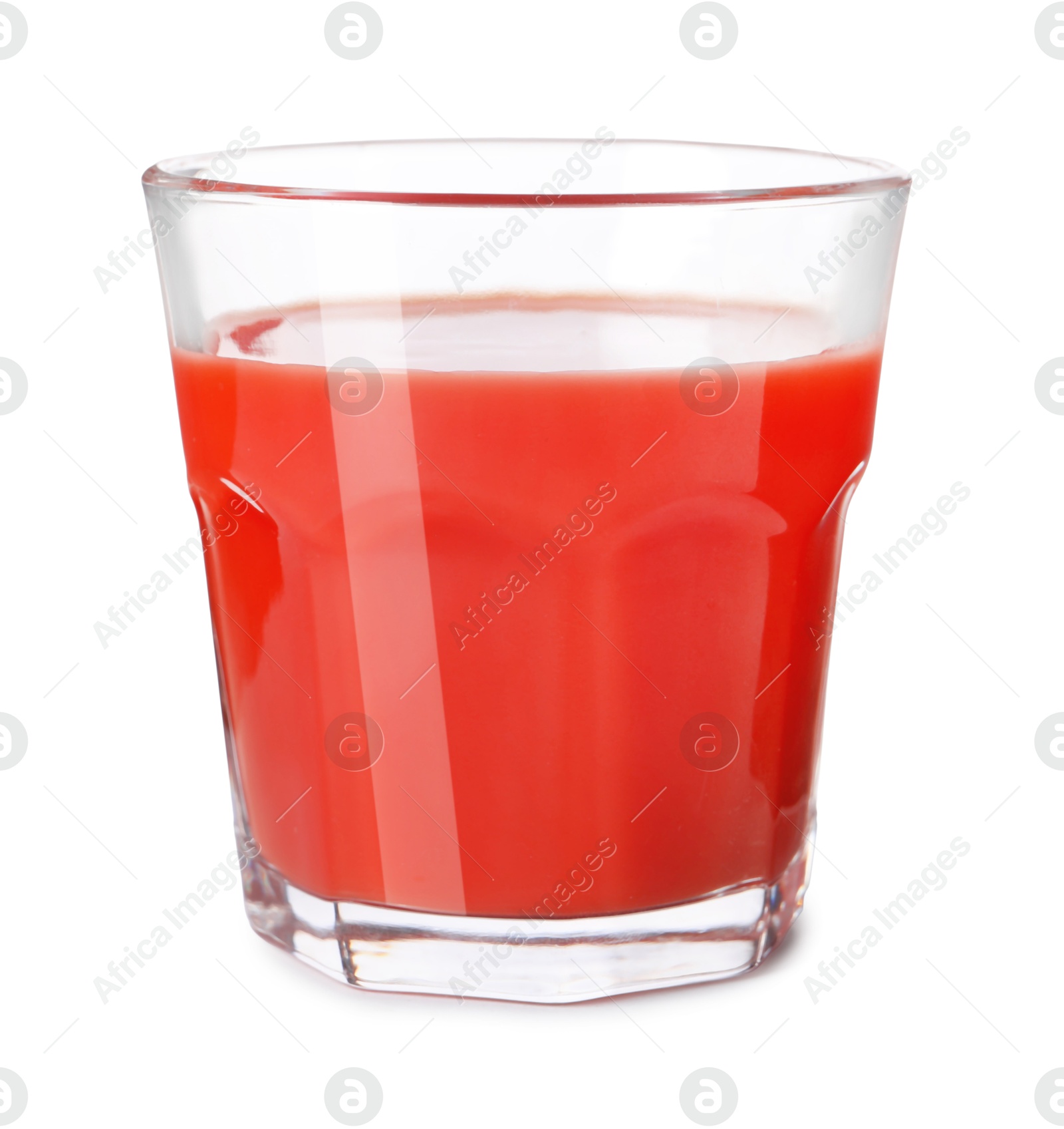 Photo of Tasty tomato juice in glass isolated on white