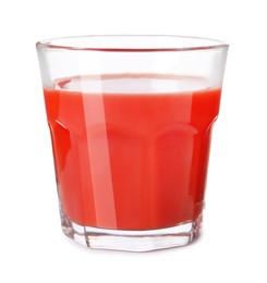 Photo of Tasty tomato juice in glass isolated on white